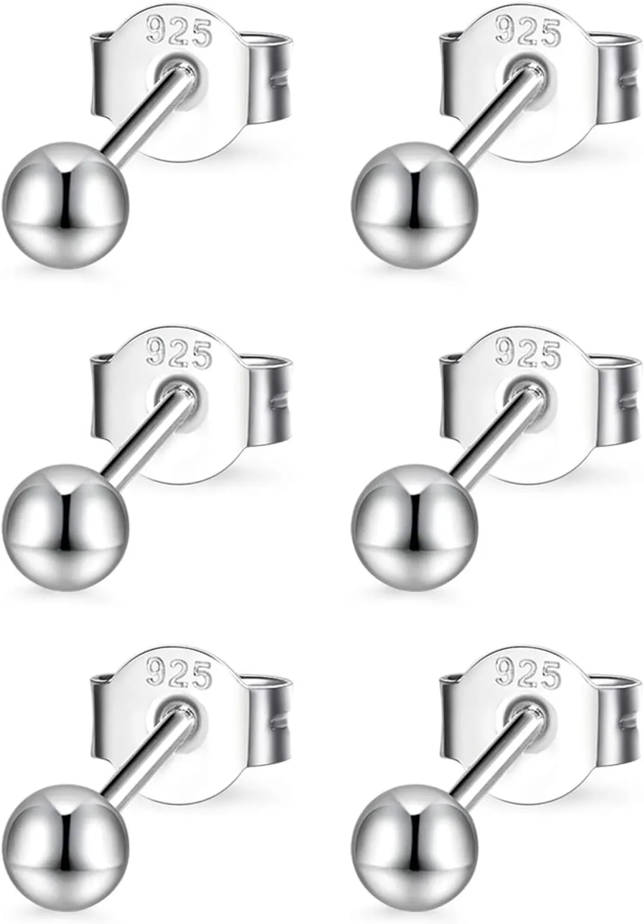 Sterling Silver Round Ball Stud Earrings for Women Men, 3 Pairs Hypoallergenic Small Tiny Stud Earring Set (Diameter 2/3/4mm)
