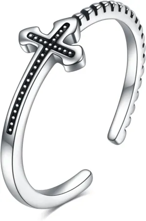 Sterling Silver Sideways Cross Rings for Women Adjustable Christian Faith Religious Hope Rings Retro Simple Unisex Cross Rings Jewelry Gifts