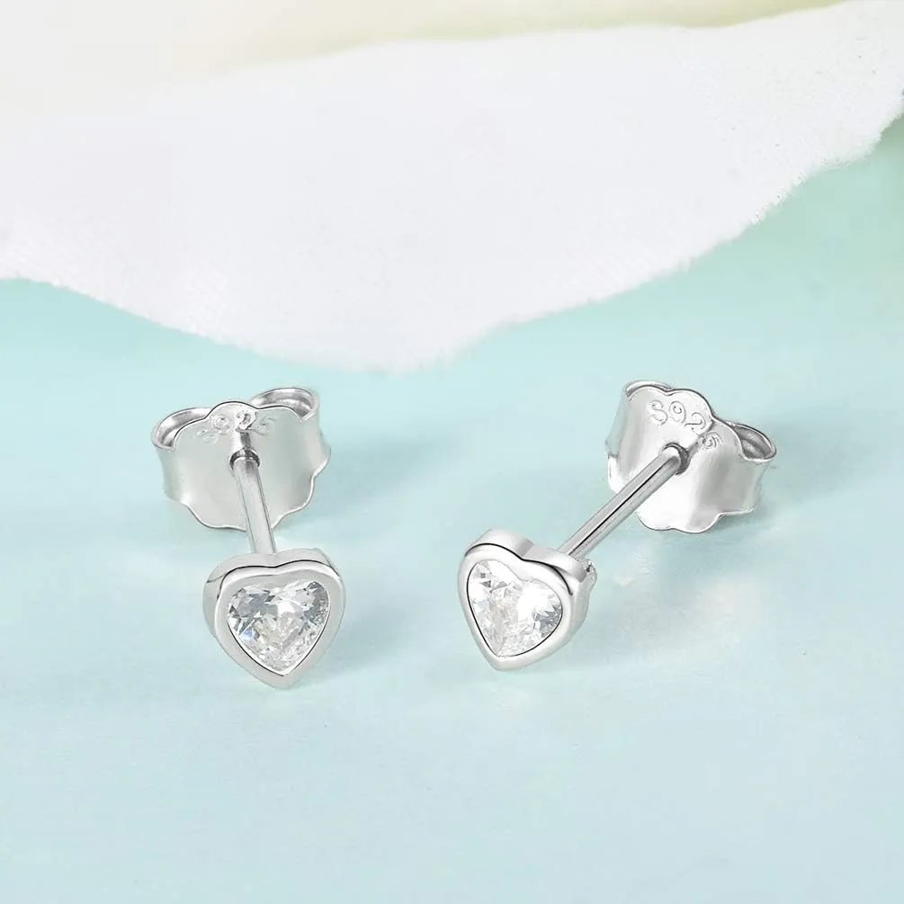Sterling Silver Small Stud Earrings for Women Men, 3 Pairs of Tiny Heart Shaped Cubic Zirconia Earrings White Gold Plated CZ Cartilage Tragus Earrings(2mm/3mm/4mm)