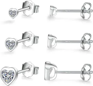 Sterling Silver Small Stud Earrings for Women Men, 3 Pairs of Tiny Heart Shaped Cubic Zirconia Earrings White Gold Plated CZ Cartilage Tragus Earrings(2mm/3mm/4mm)