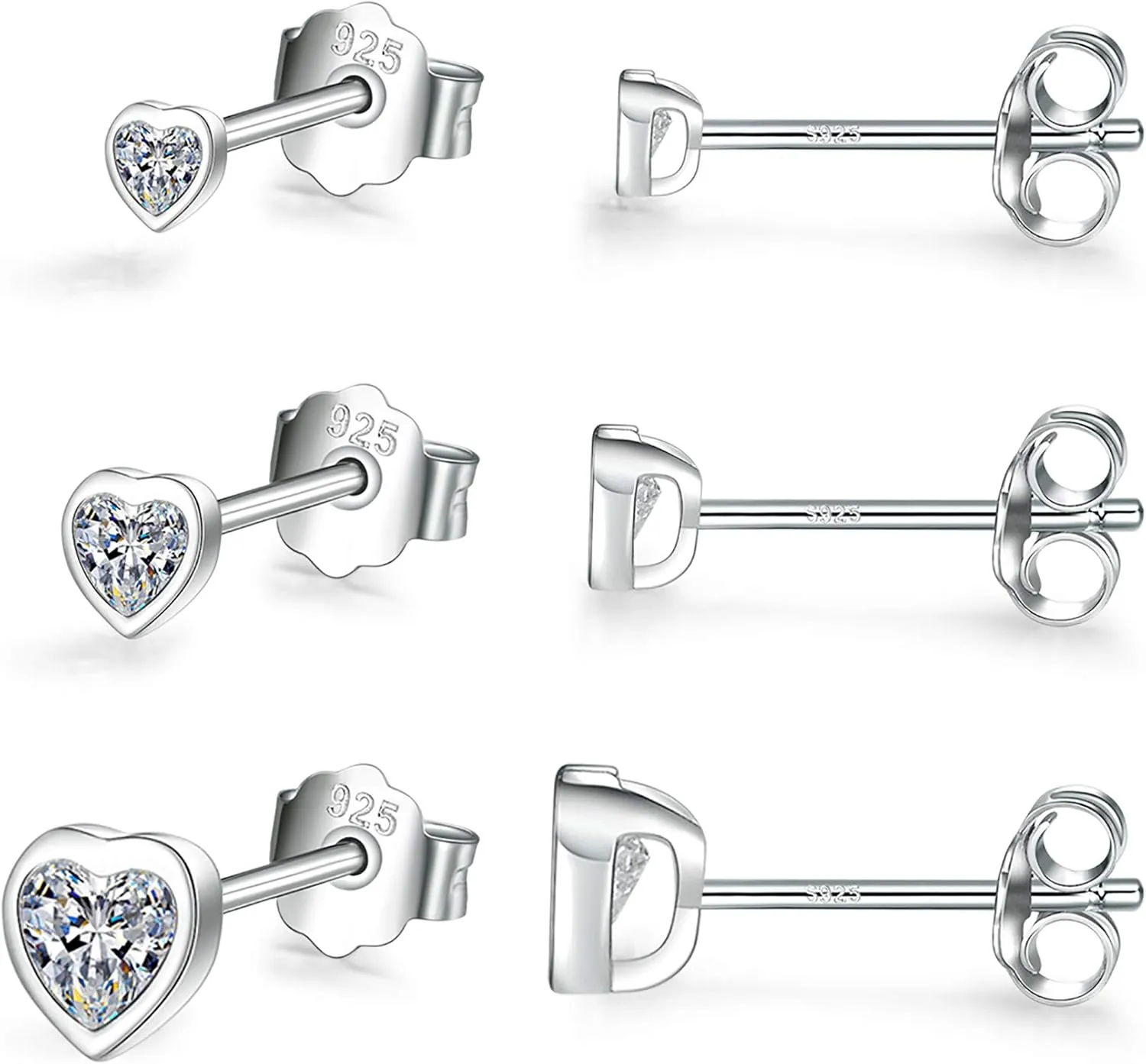 Sterling Silver Small Stud Earrings for Women Men, 3 Pairs of Tiny Heart Shaped Cubic Zirconia Earrings White Gold Plated CZ Cartilage Tragus Earrings(2mm/3mm/4mm)