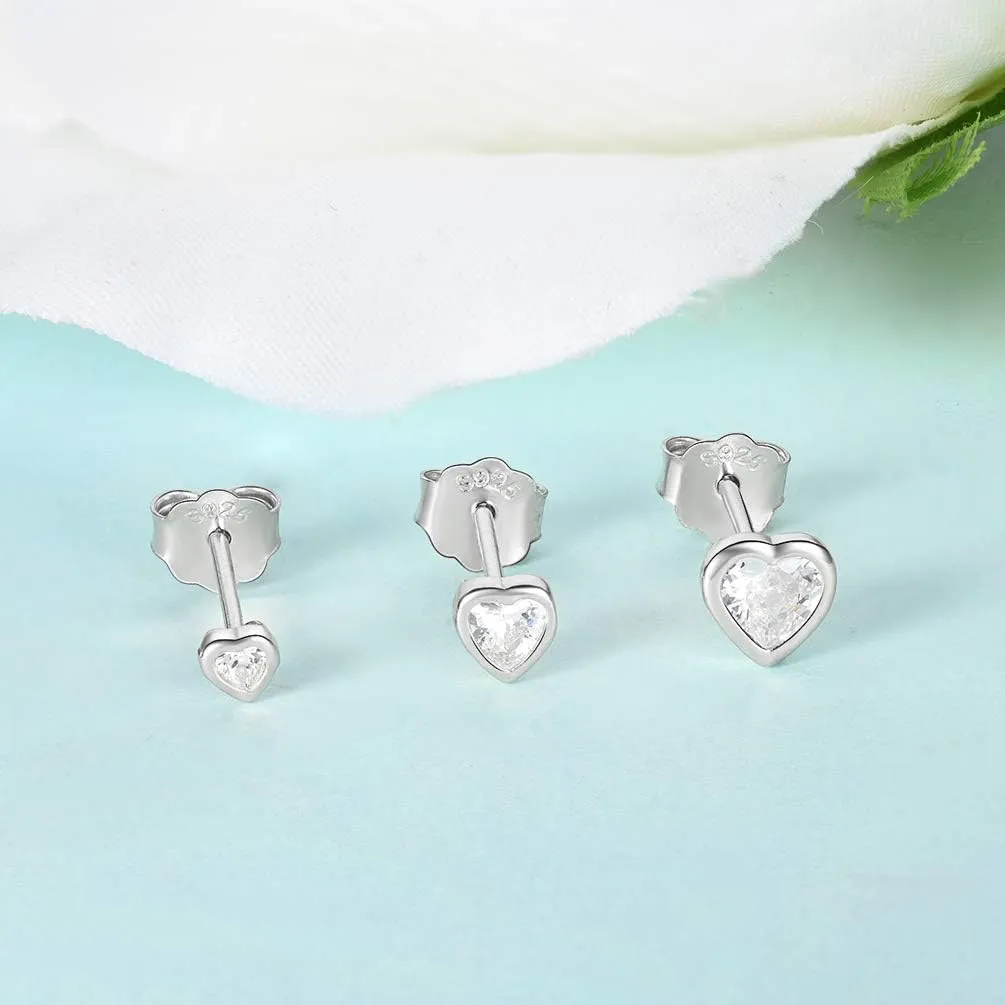 Sterling Silver Small Stud Earrings for Women Men, 3 Pairs of Tiny Heart Shaped Cubic Zirconia Earrings White Gold Plated CZ Cartilage Tragus Earrings(2mm/3mm/4mm)