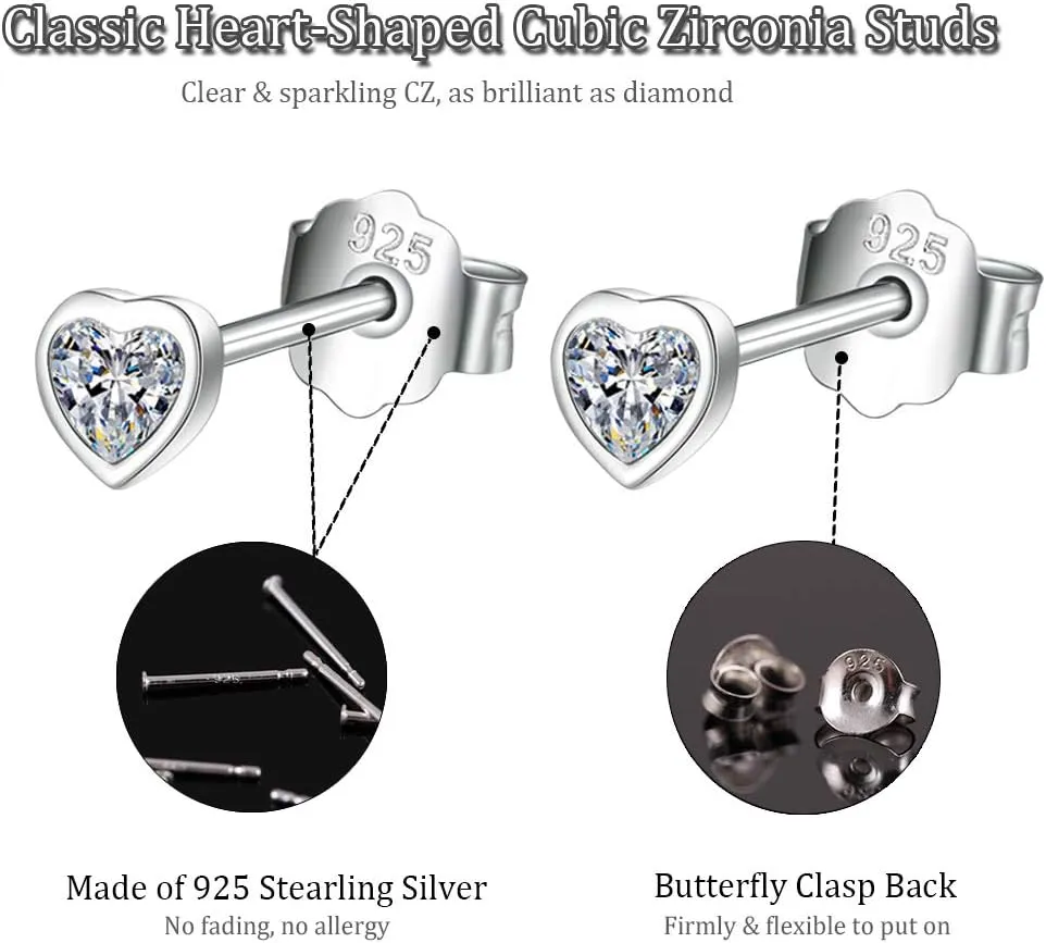 Sterling Silver Small Stud Earrings for Women Men, 3 Pairs of Tiny Heart Shaped Cubic Zirconia Earrings White Gold Plated CZ Cartilage Tragus Earrings(2mm/3mm/4mm)