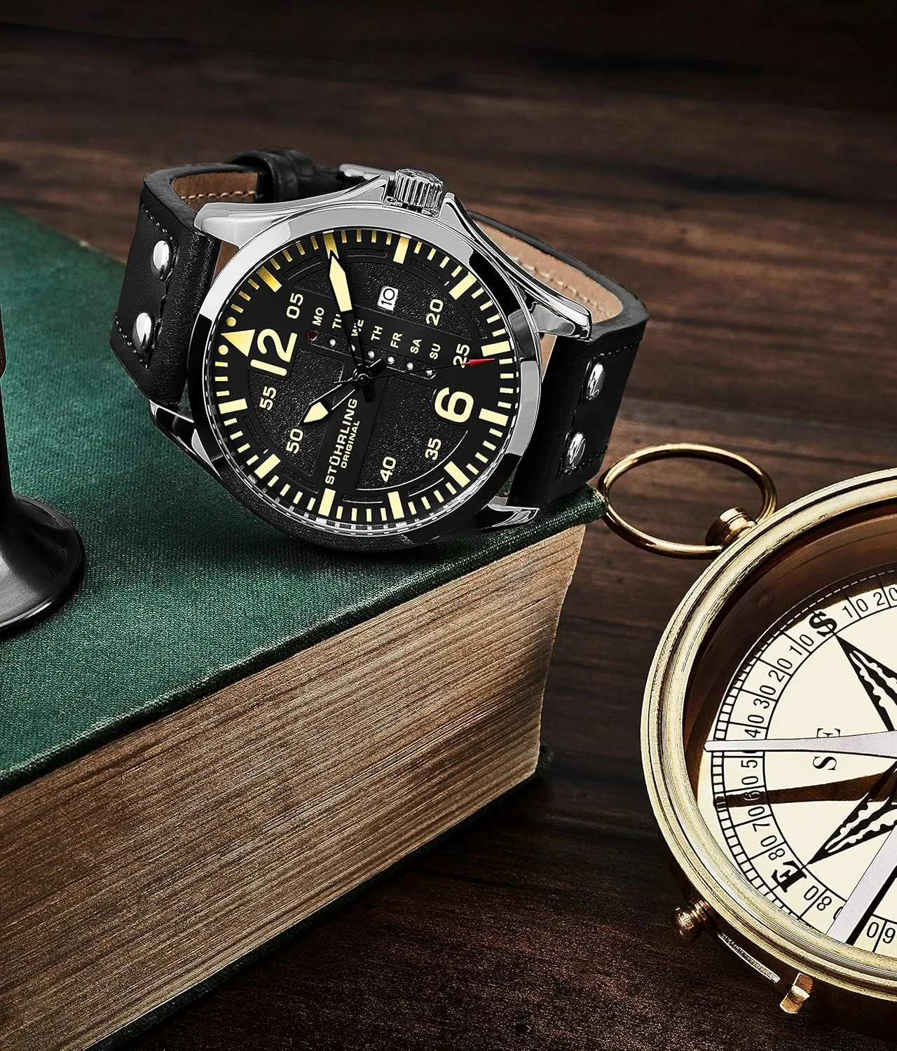 Stuhrling Original Mens Leather Watch -Aviation Watch, Quick-Set Day-Date Leather Band with Steel Rivets,