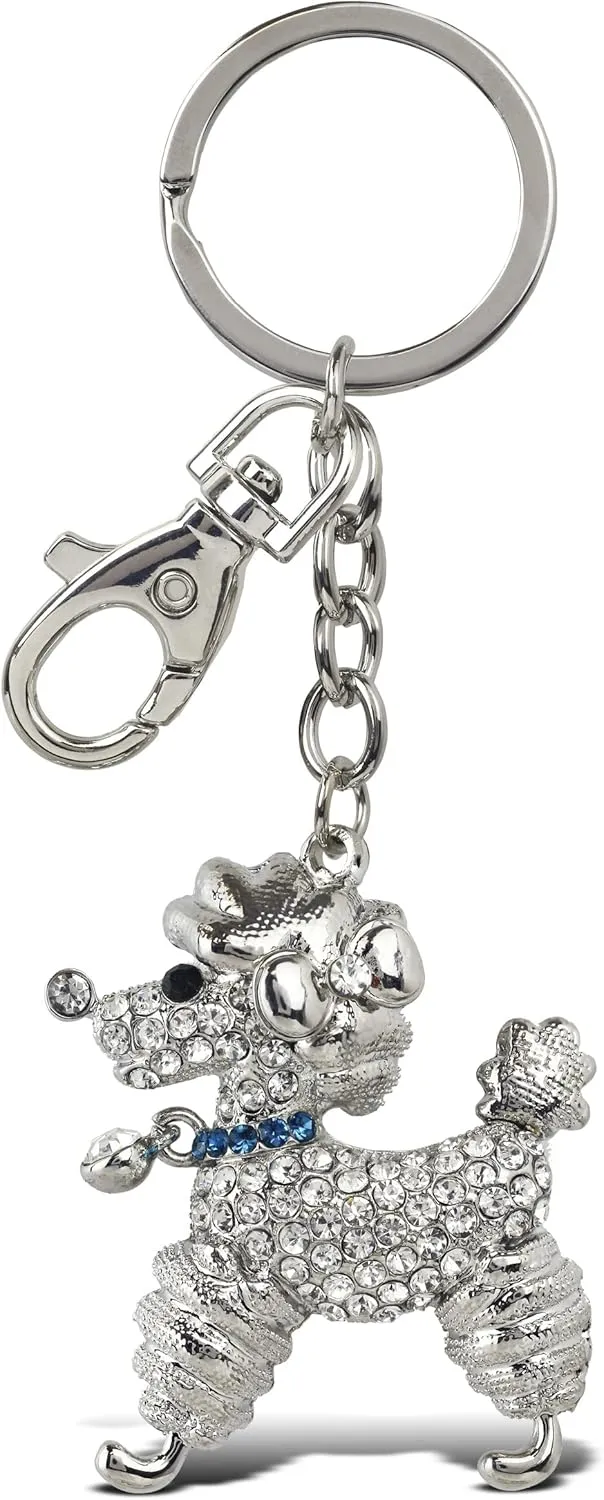 Stylish Poodle Dog Keychain - Silver 3D Sparkling Charm Rhinestones Fashionable Stylish Metal Alloy Durable Key Ring Bling Crystal Jewelry Accessory with Clasp