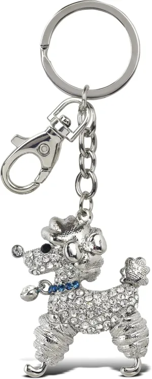 Stylish Poodle Dog Keychain - Silver 3D Sparkling Charm Rhinestones Fashionable Stylish Metal Alloy Durable Key Ring Bling Crystal Jewelry Accessory with Clasp