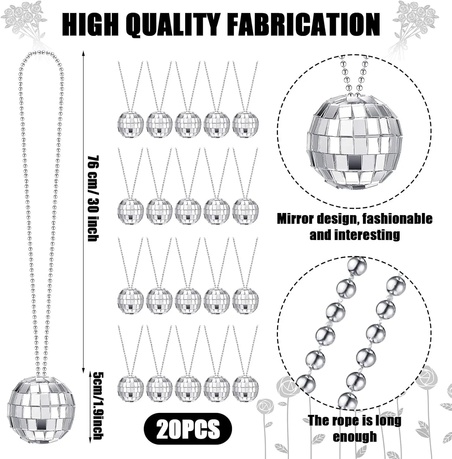 Sureio 20 Pcs Mirror Disco Ball Necklaces Silver Hanging Balls Ornament 70s Disco Party Necklaces Mini 70s Jewelry Party Favor Decoration Costume Accessories for Dance Supplies(1.97 Inch)