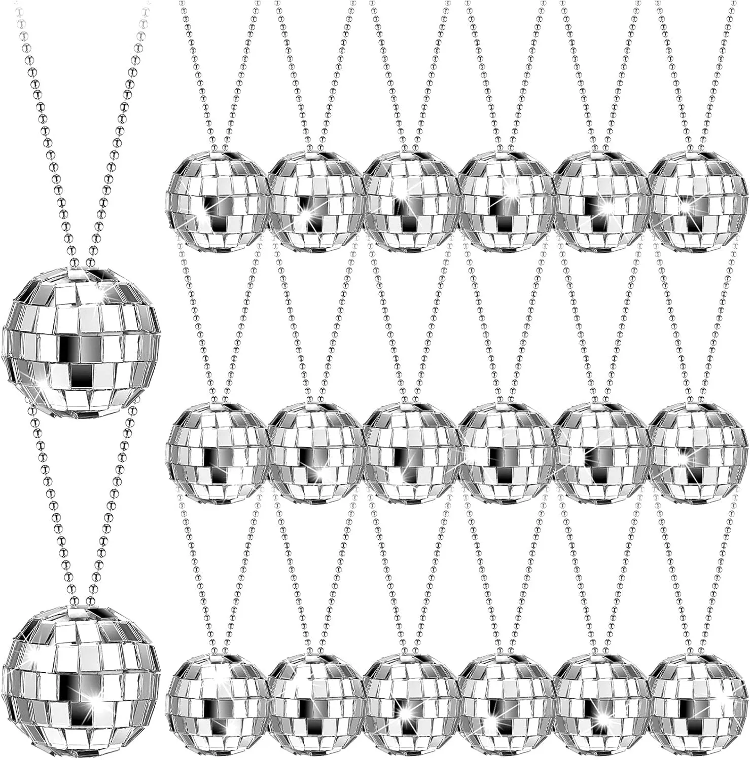 Sureio 20 Pcs Mirror Disco Ball Necklaces Silver Hanging Balls Ornament 70s Disco Party Necklaces Mini 70s Jewelry Party Favor Decoration Costume Accessories for Dance Supplies(1.97 Inch)
