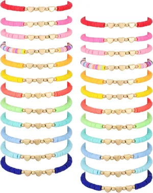 Sureio 24 Pcs Colorful Friendship Heart Bracelets Surfer Stretch Beaded Kids Bracelet for Girls Women School Gifts Tween Girl Party Favors