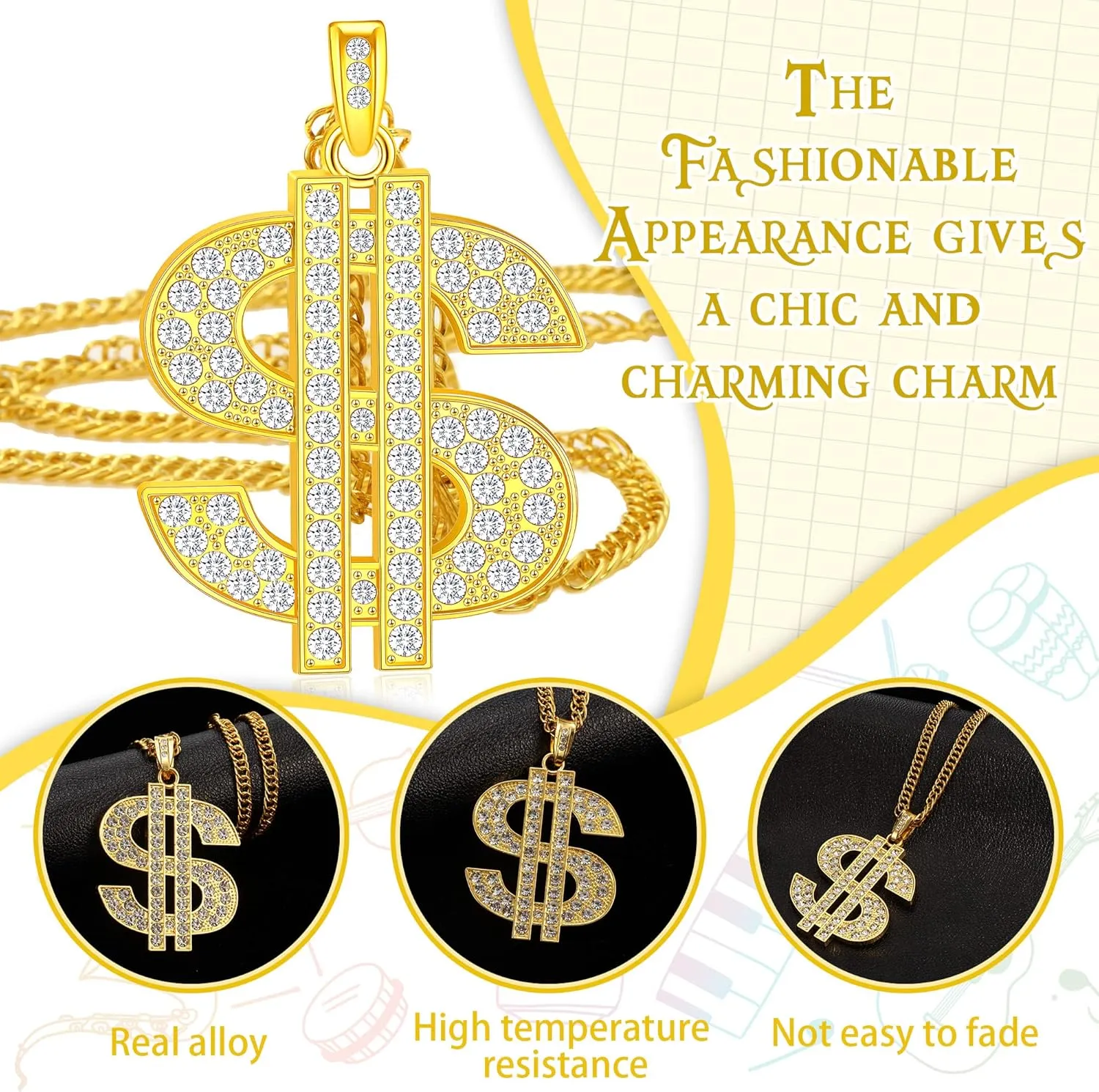 Tatuo 4 pcs fake Dollar Necklace Men gold Dollar Money Chains Hip Hop Chain Necklace Pendant for 70s 80s 90s Costume Accessories