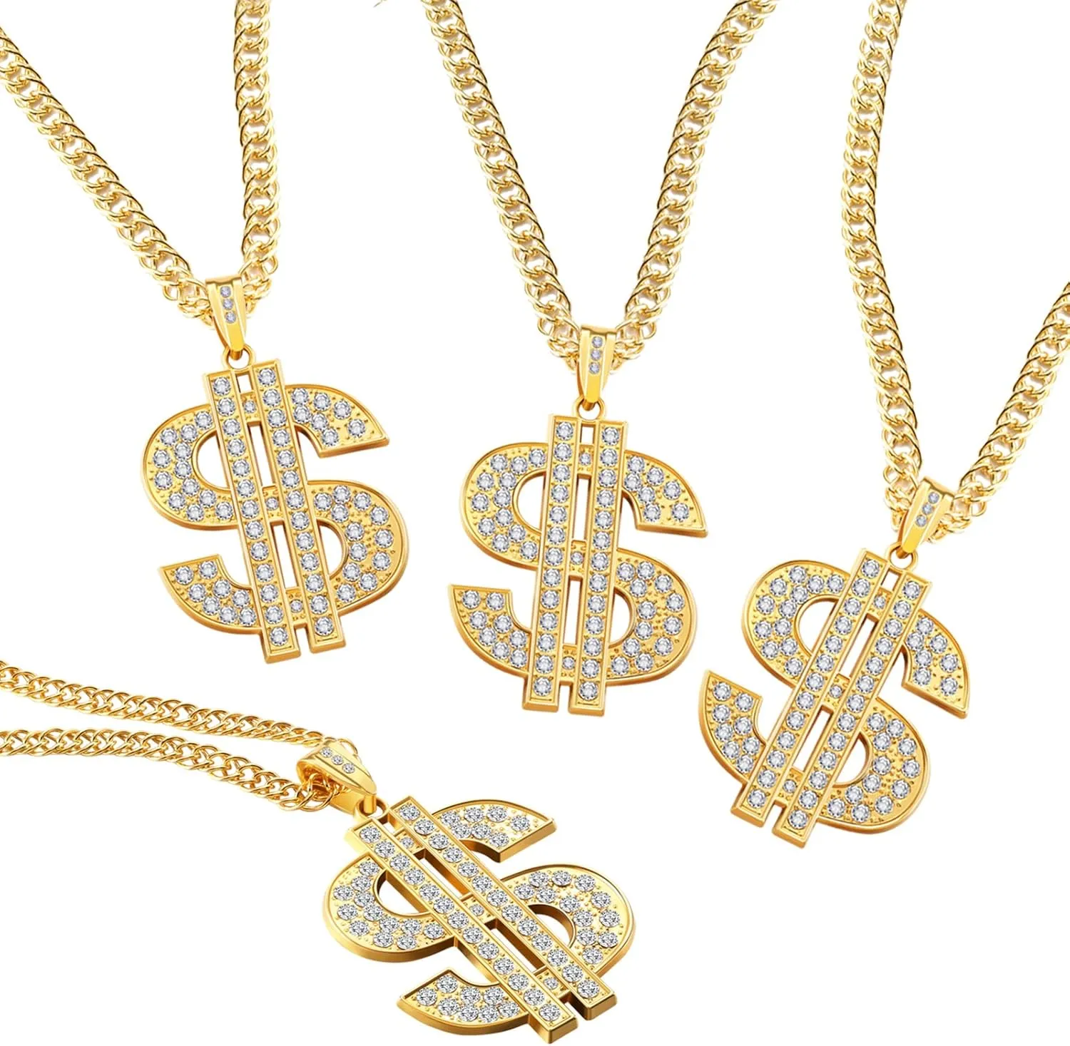 Tatuo 4 pcs fake Dollar Necklace Men gold Dollar Money Chains Hip Hop Chain Necklace Pendant for 70s 80s 90s Costume Accessories