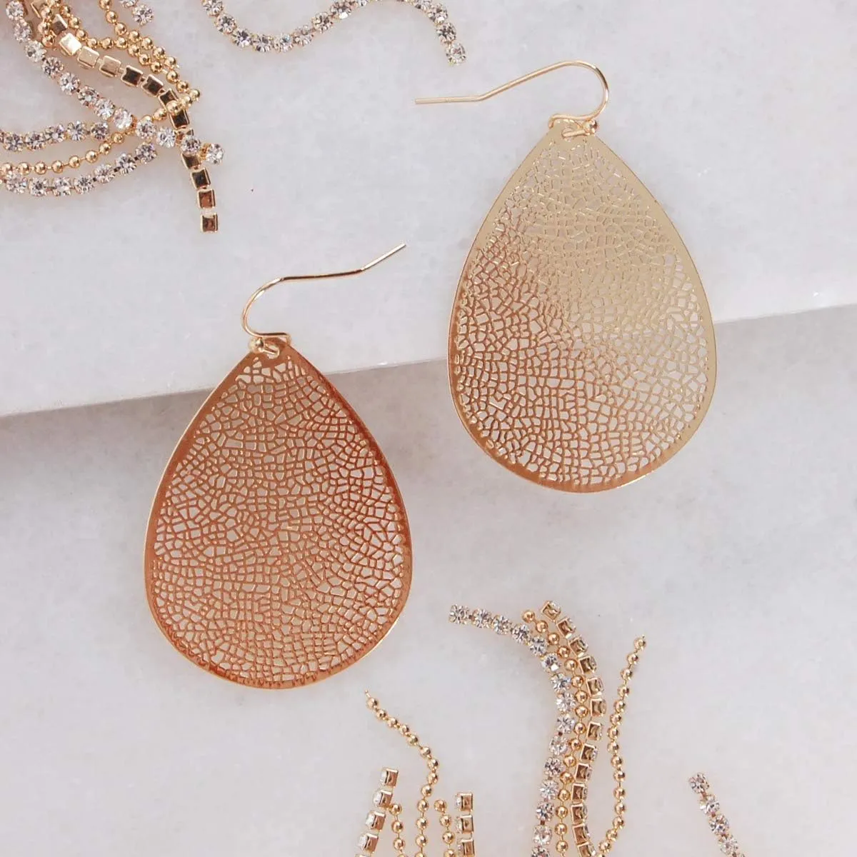 Teardrop Dangle Earrings for Women - Gold, Rose, or Silver Tone Delicate Lightweight Filigree Statement Earrings
