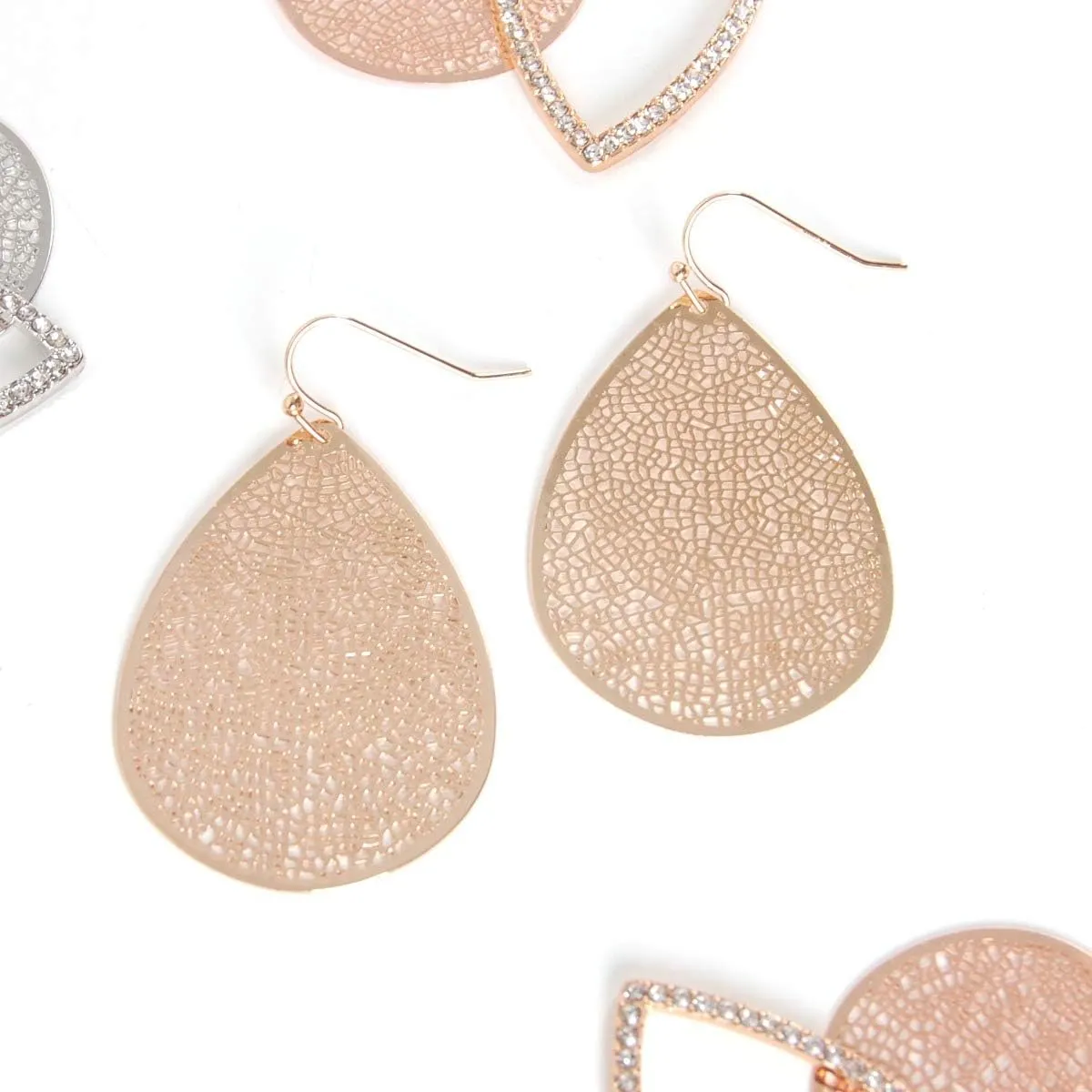 Teardrop Dangle Earrings for Women - Gold, Rose, or Silver Tone Delicate Lightweight Filigree Statement Earrings
