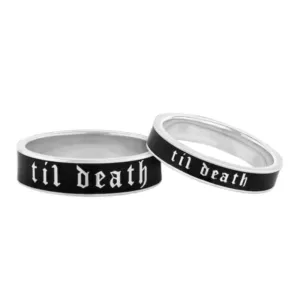 Til Death Black Enamel Band Ring 925 Silver Ring Pair Set of Til Death Do Us Part Promise Stacking Couple Her And Him Customized Band Anniversary Wedding Ring Trendy Handmade Statement Ring