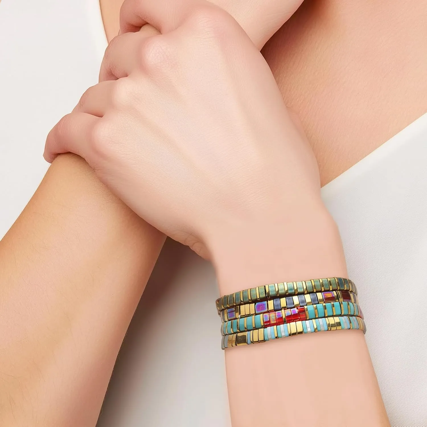 Tila Flat Beaded Bracelets for Women, Unique Colorful Square Beads Miyuk Link Stackable Stretch Bracelet Beach Summer Trendy Jewelry Gift