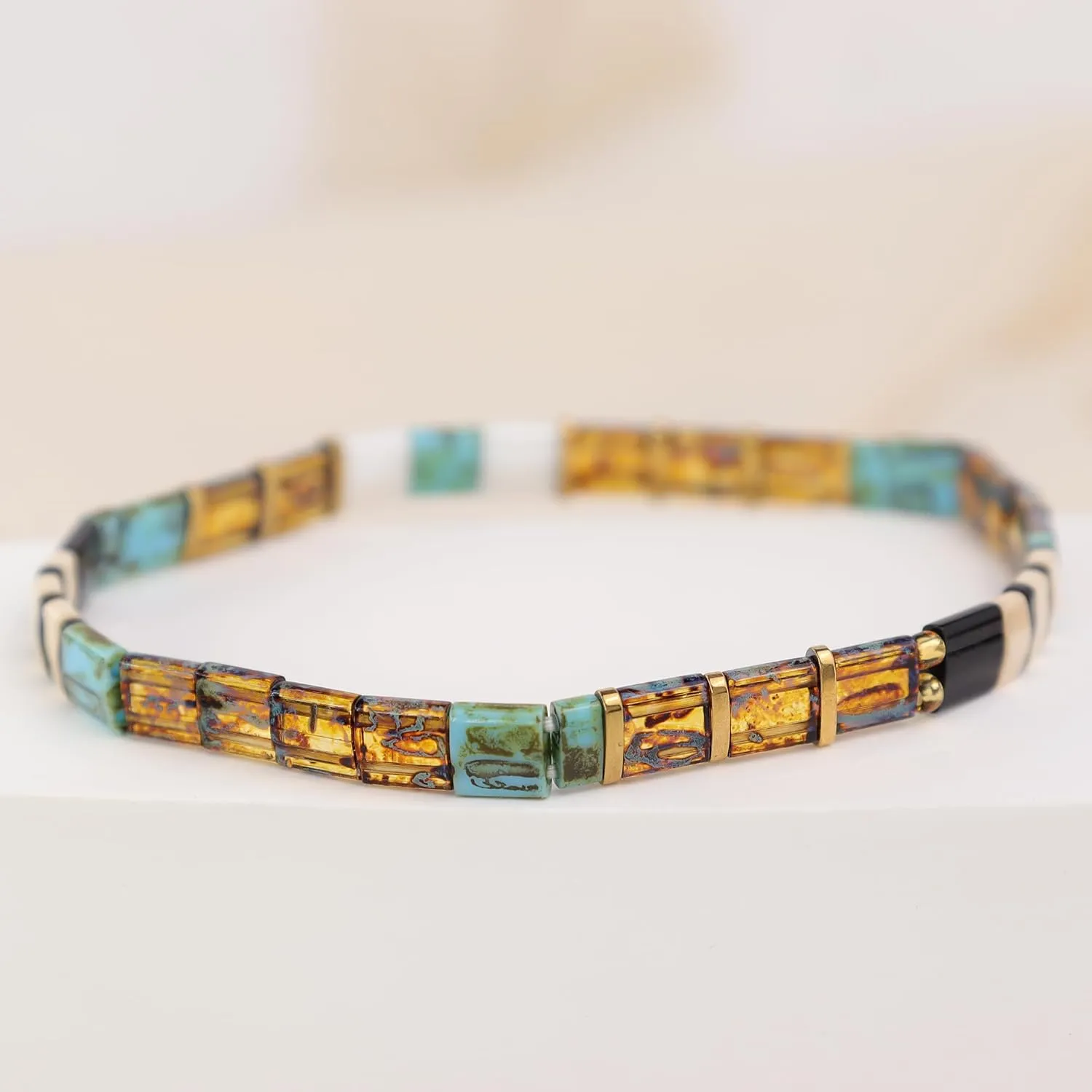 Tila Flat Beaded Stretch Bracelets for Women Girls, Unique Colorful Stackable Square Beads Miyuk Link Bracelet Summer Beach Trendy Jewelry Gift