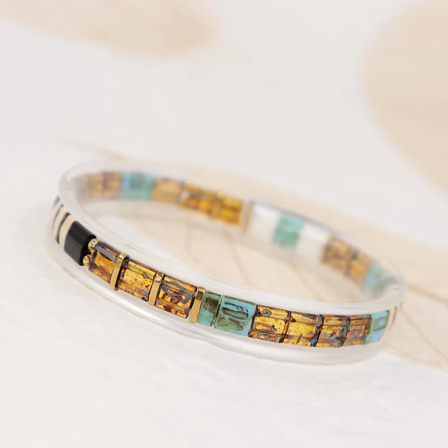 Tila Flat Beaded Stretch Bracelets for Women Girls, Unique Colorful Stackable Square Beads Miyuk Link Bracelet Summer Beach Trendy Jewelry Gift