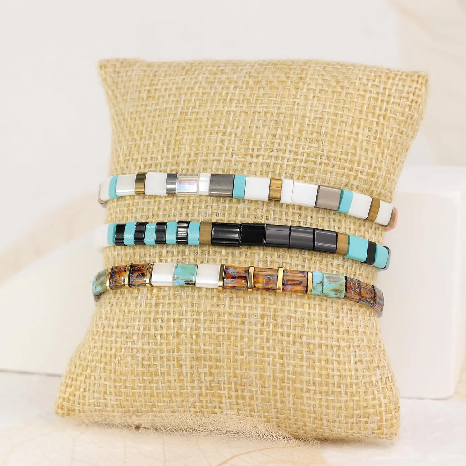 Tila Flat Beaded Stretch Bracelets for Women Girls, Unique Colorful Stackable Square Beads Miyuk Link Bracelet Summer Beach Trendy Jewelry Gift