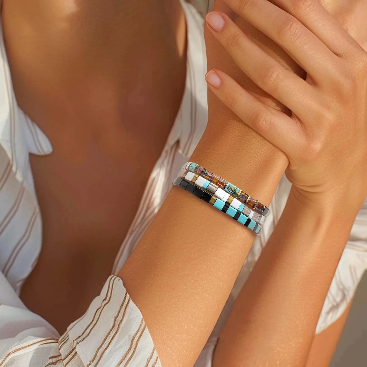 Tila Flat Beaded Stretch Bracelets for Women Girls, Unique Colorful Stackable Square Beads Miyuk Link Bracelet Summer Beach Trendy Jewelry Gift