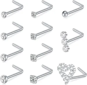 TOKRING 18G 20G Nose Rings Studs Surgical Steel L Shaped Screw Nose Piercing Jewelry for Women Men