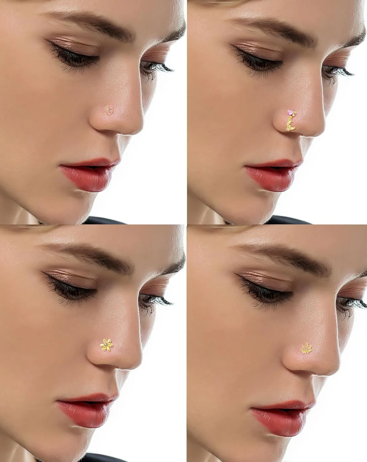 Tornito 16Pcs Nose Rings L Shaped Nose Stud Stainless Steel Butterfly Flower Leaf Heart Moon Dangle Nose Stud Ring Body Piercing Jewelry for Women Men 20G Pink Blue Clear CZ
