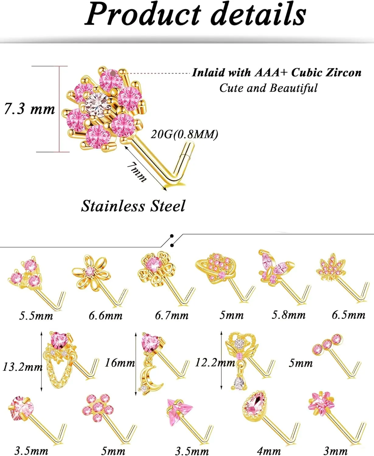 Tornito 16Pcs Nose Rings L Shaped Nose Stud Stainless Steel Butterfly Flower Leaf Heart Moon Dangle Nose Stud Ring Body Piercing Jewelry for Women Men 20G Pink Blue Clear CZ