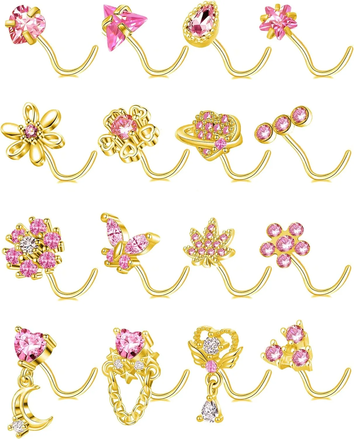 Tornito 16Pcs Nose Rings L Shaped Nose Stud Stainless Steel Butterfly Flower Leaf Heart Moon Dangle Nose Stud Ring Body Piercing Jewelry for Women Men 20G Pink Blue Clear CZ