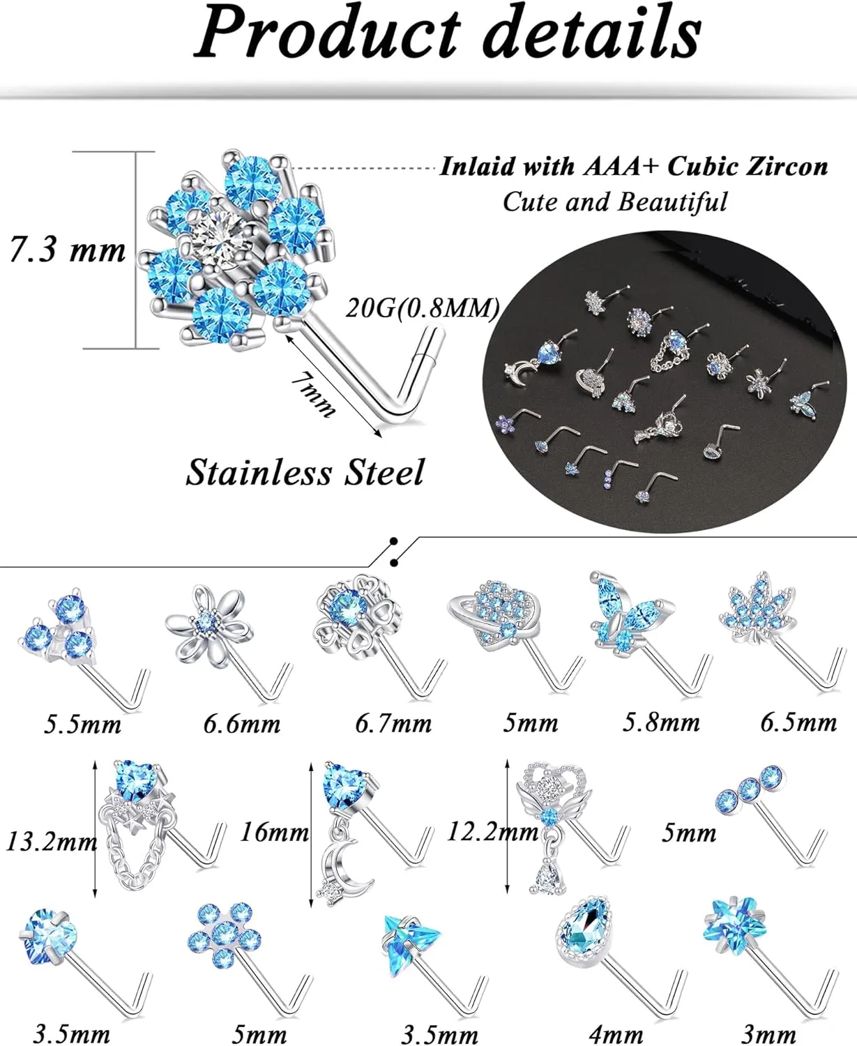 Tornito 16Pcs Nose Rings L Shaped Nose Stud Stainless Steel Butterfly Flower Leaf Heart Moon Dangle Nose Stud Ring Body Piercing Jewelry for Women Men 20G Pink Blue Clear CZ