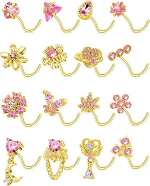 Tornito 16Pcs Nose Rings L Shaped Nose Stud Stainless Steel Butterfly Flower Leaf Heart Moon Dangle Nose Stud Ring Body Piercing Jewelry for Women Men 20G Pink Blue Clear CZ