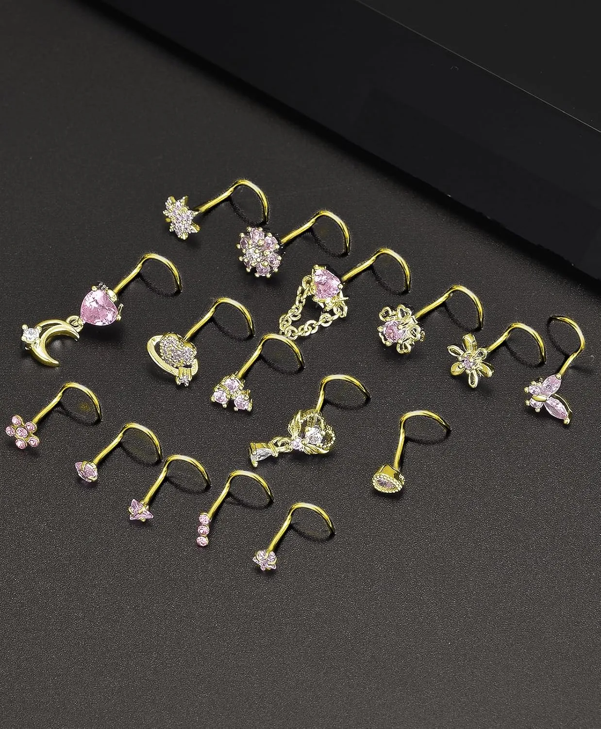 Tornito 16Pcs Nose Rings L Shaped Nose Stud Stainless Steel Butterfly Flower Leaf Heart Moon Dangle Nose Stud Ring Body Piercing Jewelry for Women Men 20G Pink Blue Clear CZ