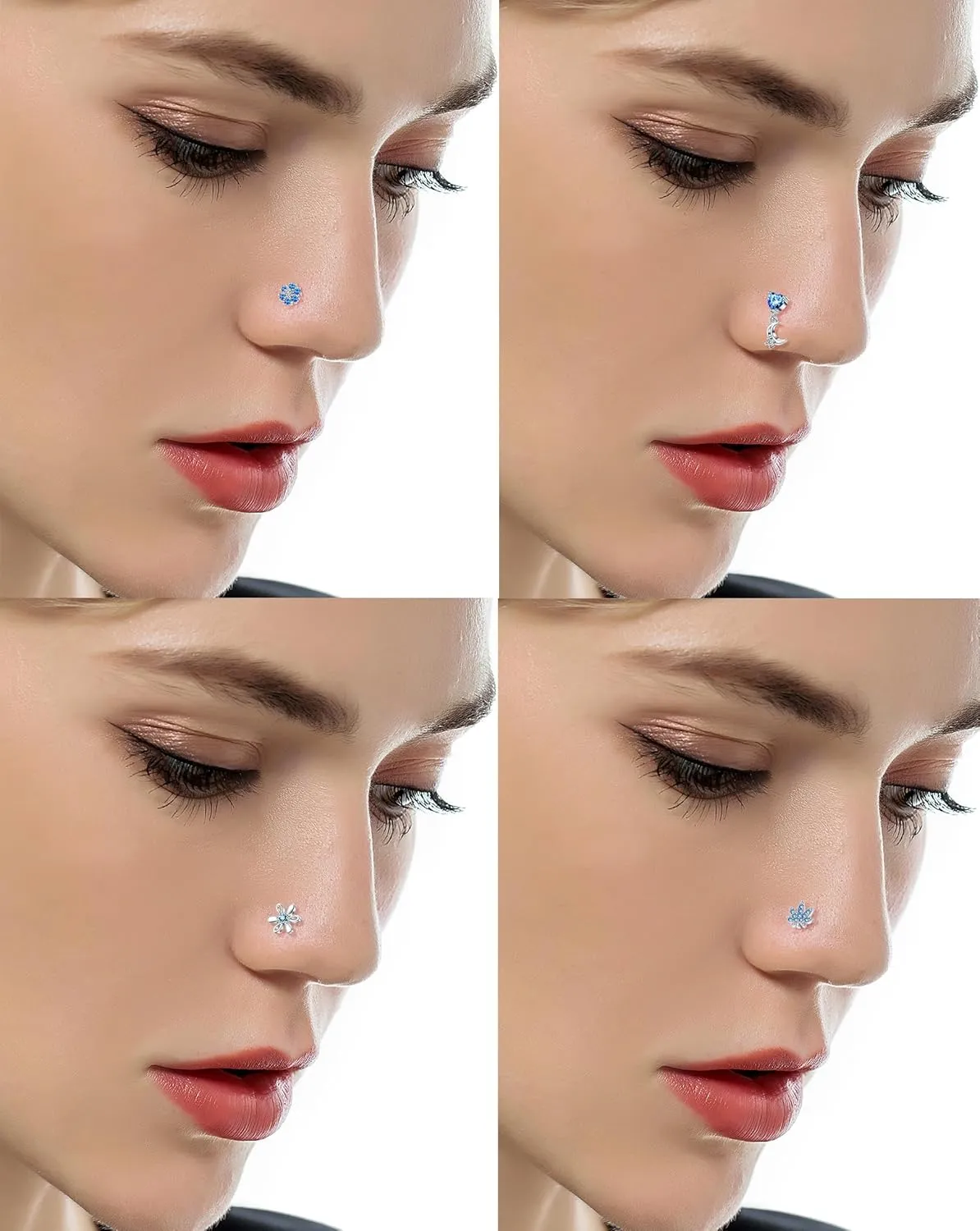 Tornito 16Pcs Nose Rings L Shaped Nose Stud Stainless Steel Butterfly Flower Leaf Heart Moon Dangle Nose Stud Ring Body Piercing Jewelry for Women Men 20G Pink Blue Clear CZ