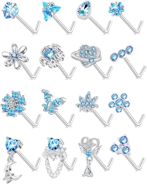 Tornito 16Pcs Nose Rings L Shaped Nose Stud Stainless Steel Butterfly Flower Leaf Heart Moon Dangle Nose Stud Ring Body Piercing Jewelry for Women Men 20G Pink Blue Clear CZ