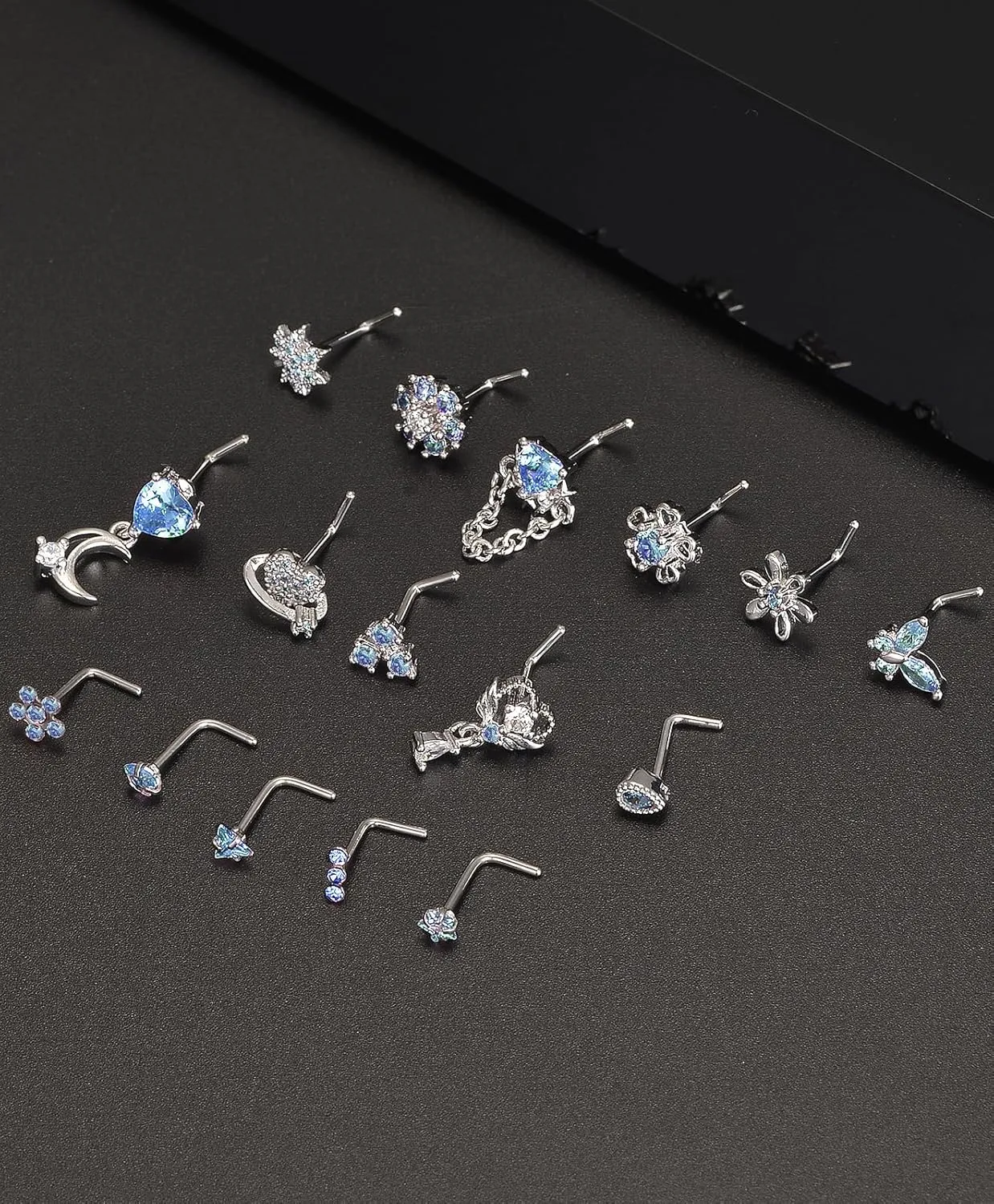 Tornito 16Pcs Nose Rings L Shaped Nose Stud Stainless Steel Butterfly Flower Leaf Heart Moon Dangle Nose Stud Ring Body Piercing Jewelry for Women Men 20G Pink Blue Clear CZ