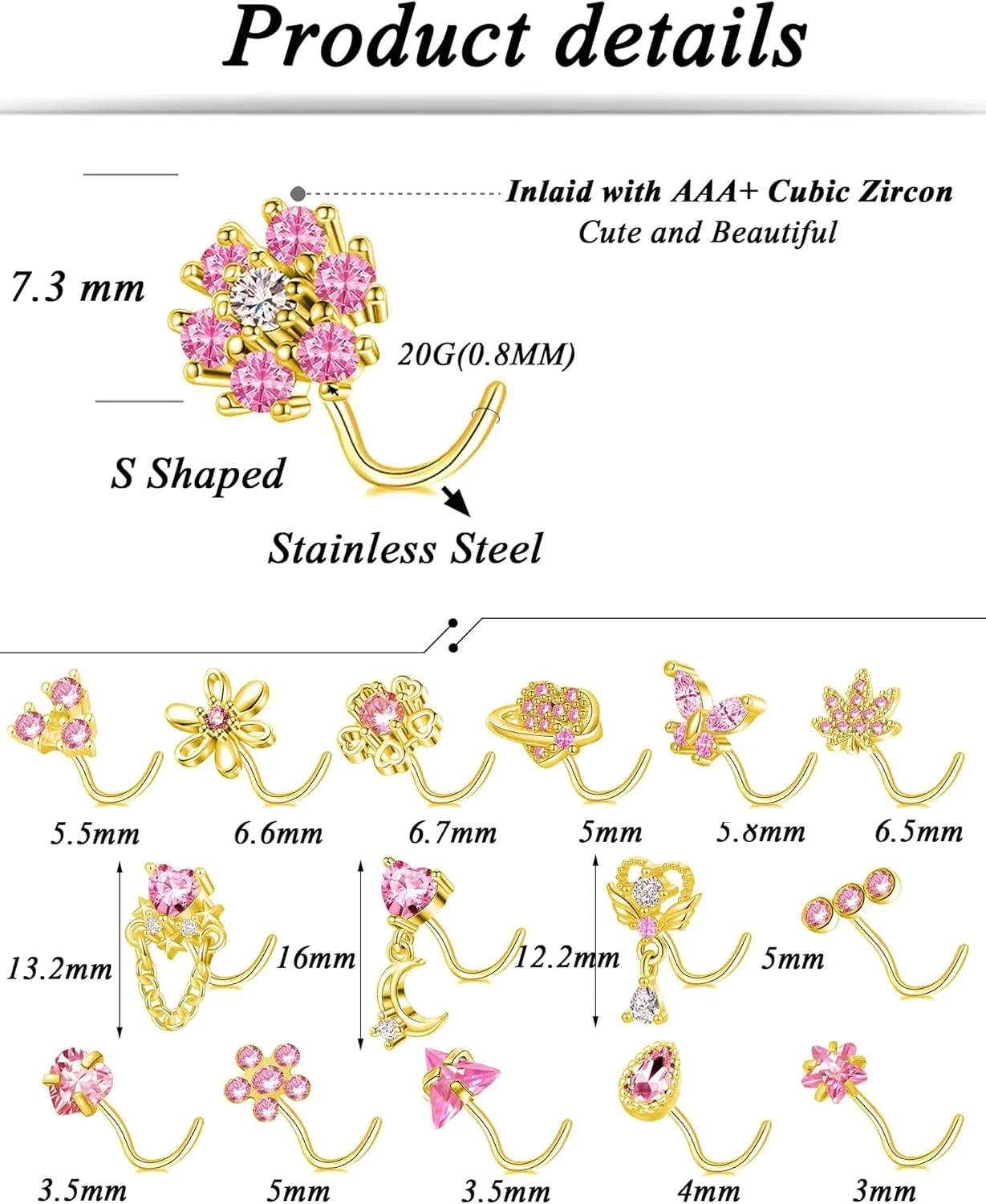 Tornito 16Pcs Nose Rings L Shaped Nose Stud Stainless Steel Butterfly Flower Leaf Heart Moon Dangle Nose Stud Ring Body Piercing Jewelry for Women Men 20G Pink Blue Clear CZ
