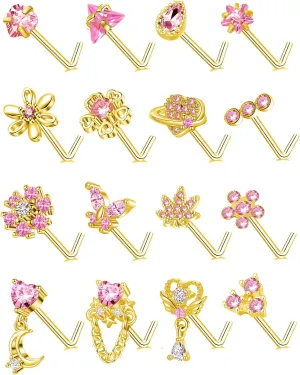Tornito 16Pcs Nose Rings L Shaped Nose Stud Stainless Steel Butterfly Flower Leaf Heart Moon Dangle Nose Stud Ring Body Piercing Jewelry for Women Men 20G Pink Blue Clear CZ