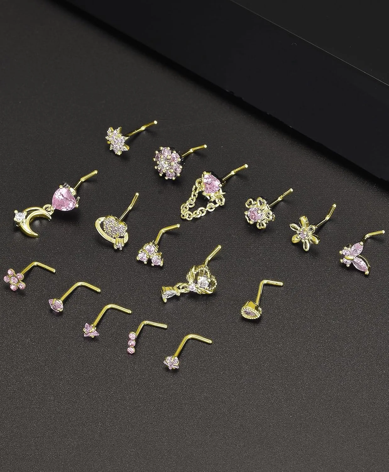 Tornito 16Pcs Nose Rings L Shaped Nose Stud Stainless Steel Butterfly Flower Leaf Heart Moon Dangle Nose Stud Ring Body Piercing Jewelry for Women Men 20G Pink Blue Clear CZ
