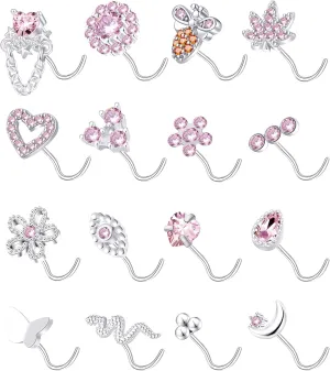 Tornito 16Pcs Nose Stud Rings L Screw Shaped Nose Ring Flower Snake Butterfly Heart Eye CZ Dangle Nose Rings Stud Body Piercing Jewelry for Women Men 20G Silver Pink Tone