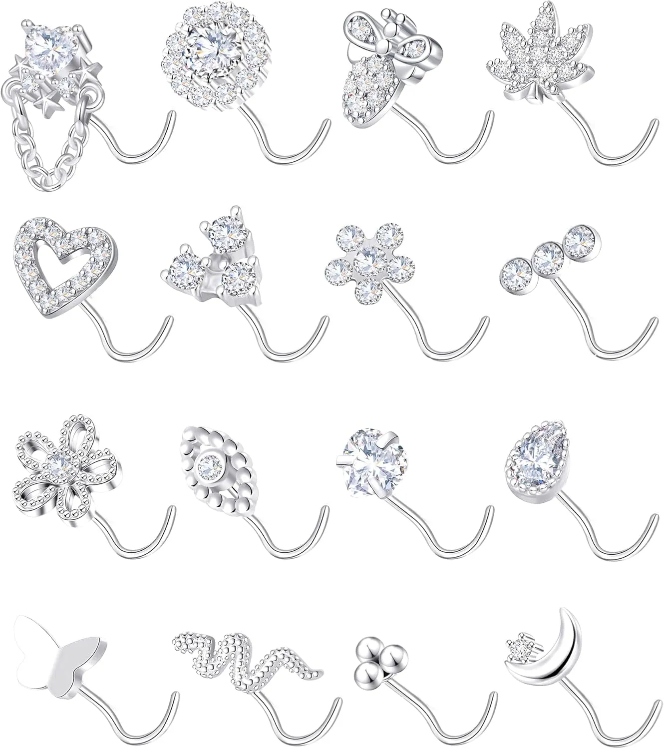 Tornito 16Pcs Nose Stud Rings L Screw Shaped Nose Ring Flower Snake Butterfly Heart Eye CZ Dangle Nose Rings Stud Body Piercing Jewelry for Women Men 20G Silver Pink Tone