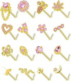 Tornito 16Pcs Nose Stud Rings L Screw Shaped Nose Ring Flower Snake Butterfly Heart Eye CZ Dangle Nose Rings Stud Body Piercing Jewelry for Women Men 20G Silver Pink Tone
