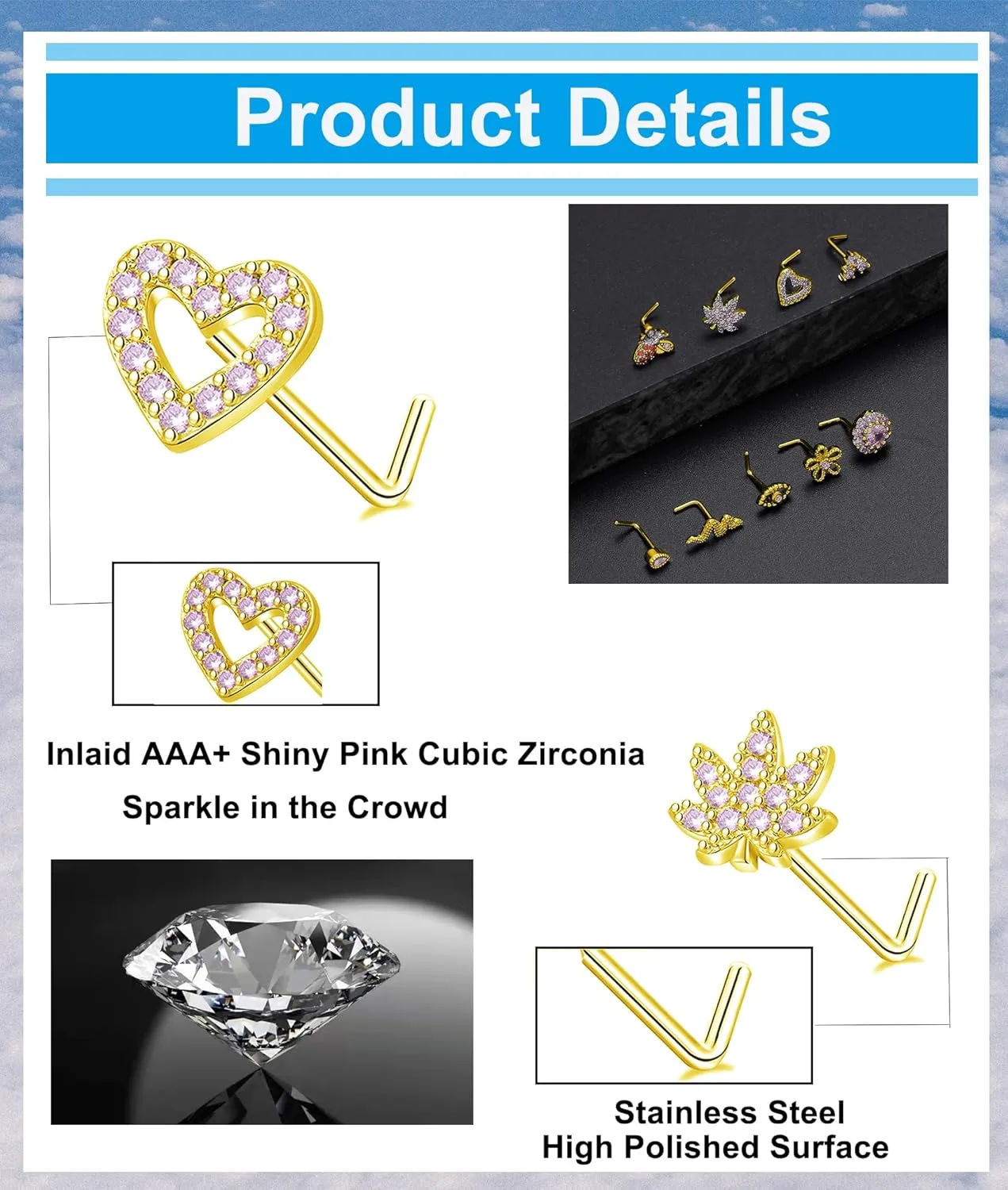 Tornito 16Pcs Nose Stud Rings L Screw Shaped Nose Ring Flower Snake Butterfly Heart Eye CZ Dangle Nose Rings Stud Body Piercing Jewelry for Women Men 20G Silver Pink Tone