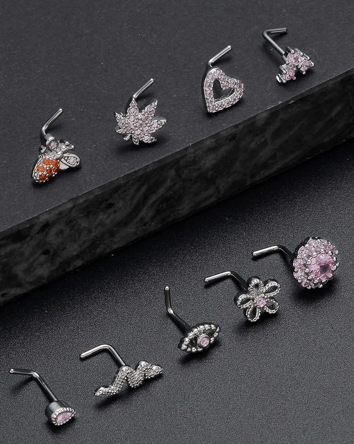 Tornito 16Pcs Nose Stud Rings L Screw Shaped Nose Ring Flower Snake Butterfly Heart Eye CZ Dangle Nose Rings Stud Body Piercing Jewelry for Women Men 20G Silver Pink Tone