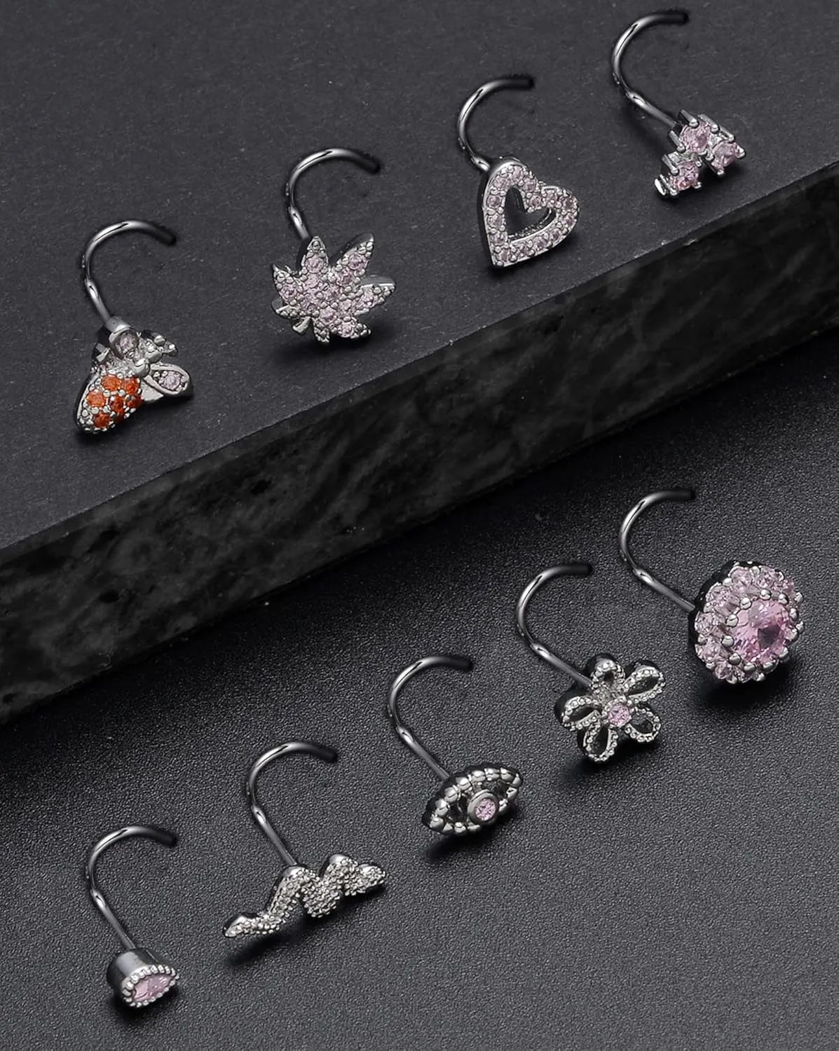 Tornito 16Pcs Nose Stud Rings L Screw Shaped Nose Ring Flower Snake Butterfly Heart Eye CZ Dangle Nose Rings Stud Body Piercing Jewelry for Women Men 20G Silver Pink Tone