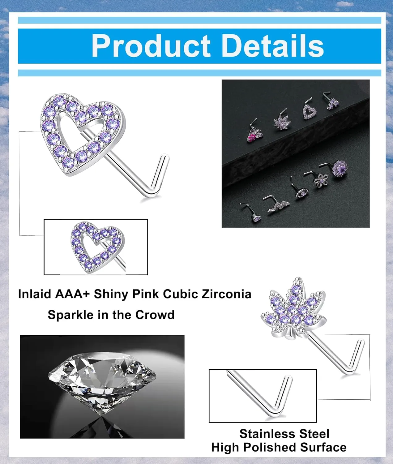 Tornito 16Pcs Nose Stud Rings L Screw Shaped Nose Ring Flower Snake Butterfly Heart Eye CZ Dangle Nose Rings Stud Body Piercing Jewelry for Women Men 20G Silver Pink Tone