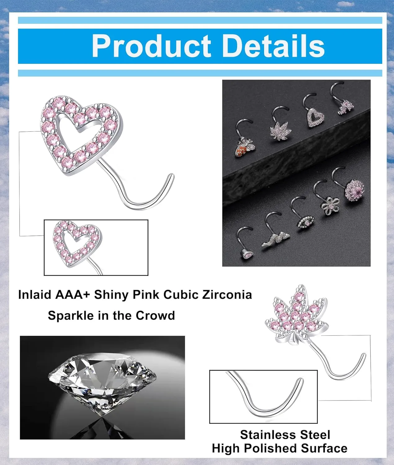 Tornito 16Pcs Nose Stud Rings L Screw Shaped Nose Ring Flower Snake Butterfly Heart Eye CZ Dangle Nose Rings Stud Body Piercing Jewelry for Women Men 20G Silver Pink Tone