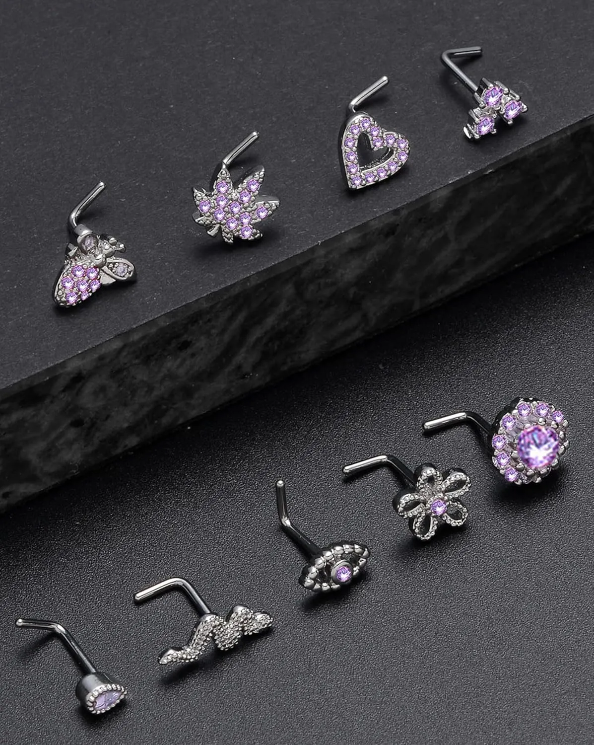 Tornito 16Pcs Nose Stud Rings L Screw Shaped Nose Ring Flower Snake Butterfly Heart Eye CZ Dangle Nose Rings Stud Body Piercing Jewelry for Women Men 20G Silver Pink Tone
