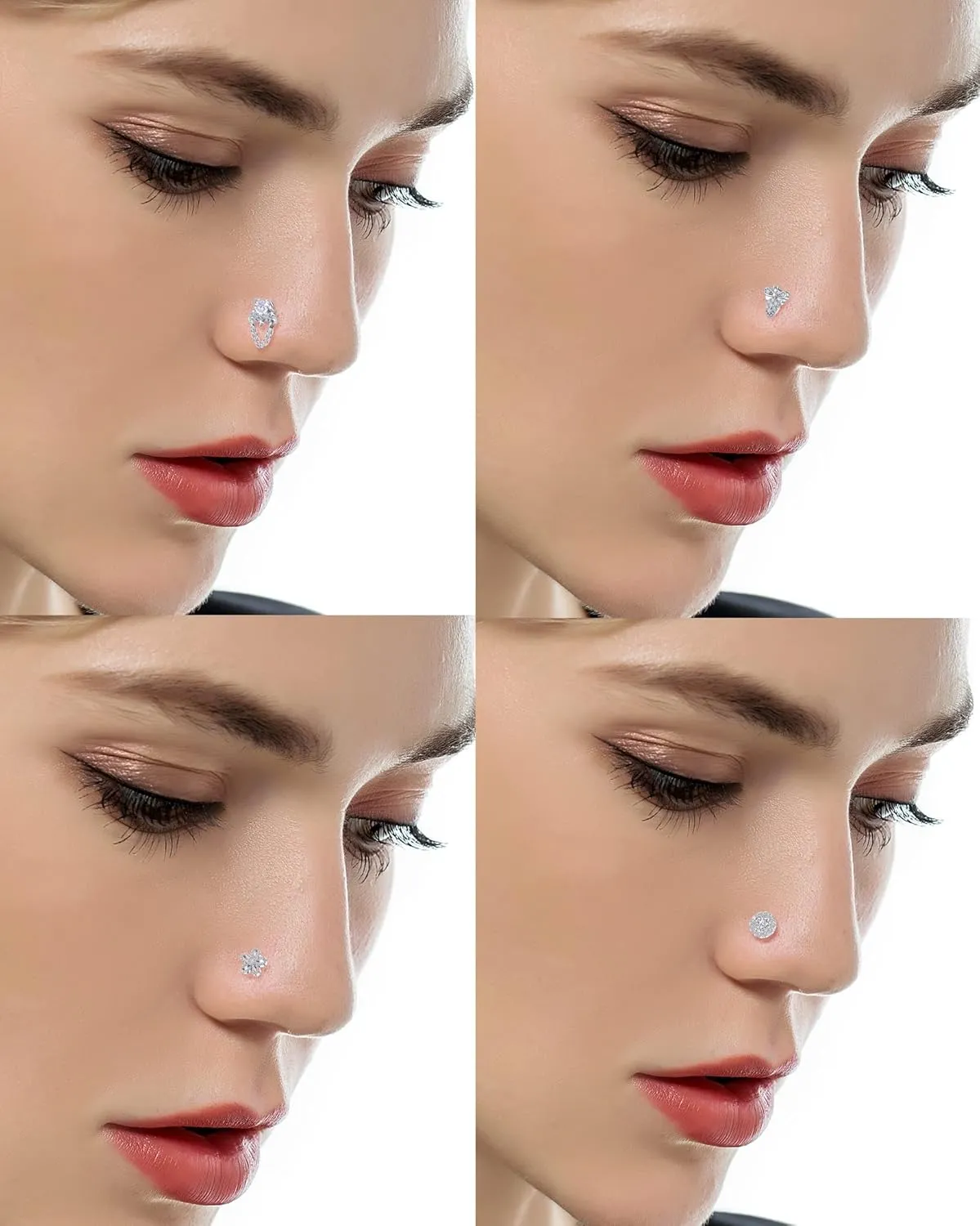 Tornito 16Pcs Nose Stud Rings L Screw Shaped Nose Ring Flower Snake Butterfly Heart Eye CZ Dangle Nose Rings Stud Body Piercing Jewelry for Women Men 20G Silver Pink Tone