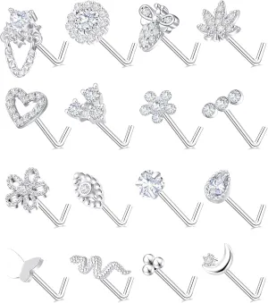Tornito 16Pcs Nose Stud Rings L Screw Shaped Nose Ring Flower Snake Butterfly Heart Eye CZ Dangle Nose Rings Stud Body Piercing Jewelry for Women Men 20G Silver Pink Tone
