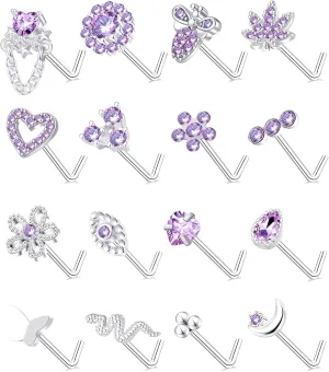 Tornito 16Pcs Nose Stud Rings L Screw Shaped Nose Ring Flower Snake Butterfly Heart Eye CZ Dangle Nose Rings Stud Body Piercing Jewelry for Women Men 20G Silver Pink Tone