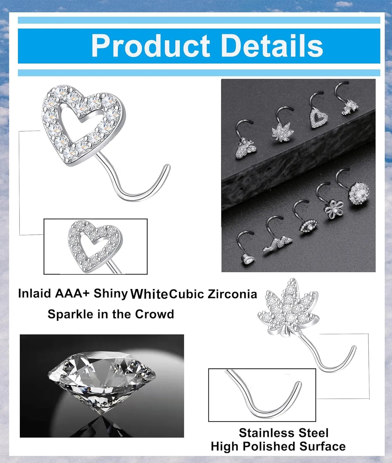 Tornito 16Pcs Nose Stud Rings L Screw Shaped Nose Ring Flower Snake Butterfly Heart Eye CZ Dangle Nose Rings Stud Body Piercing Jewelry for Women Men 20G Silver Pink Tone