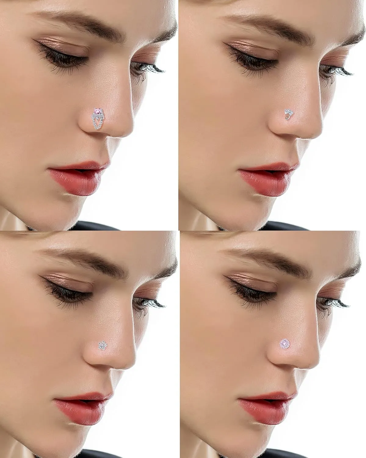 Tornito 16Pcs Nose Stud Rings L Screw Shaped Nose Ring Flower Snake Butterfly Heart Eye CZ Dangle Nose Rings Stud Body Piercing Jewelry for Women Men 20G Silver Pink Tone